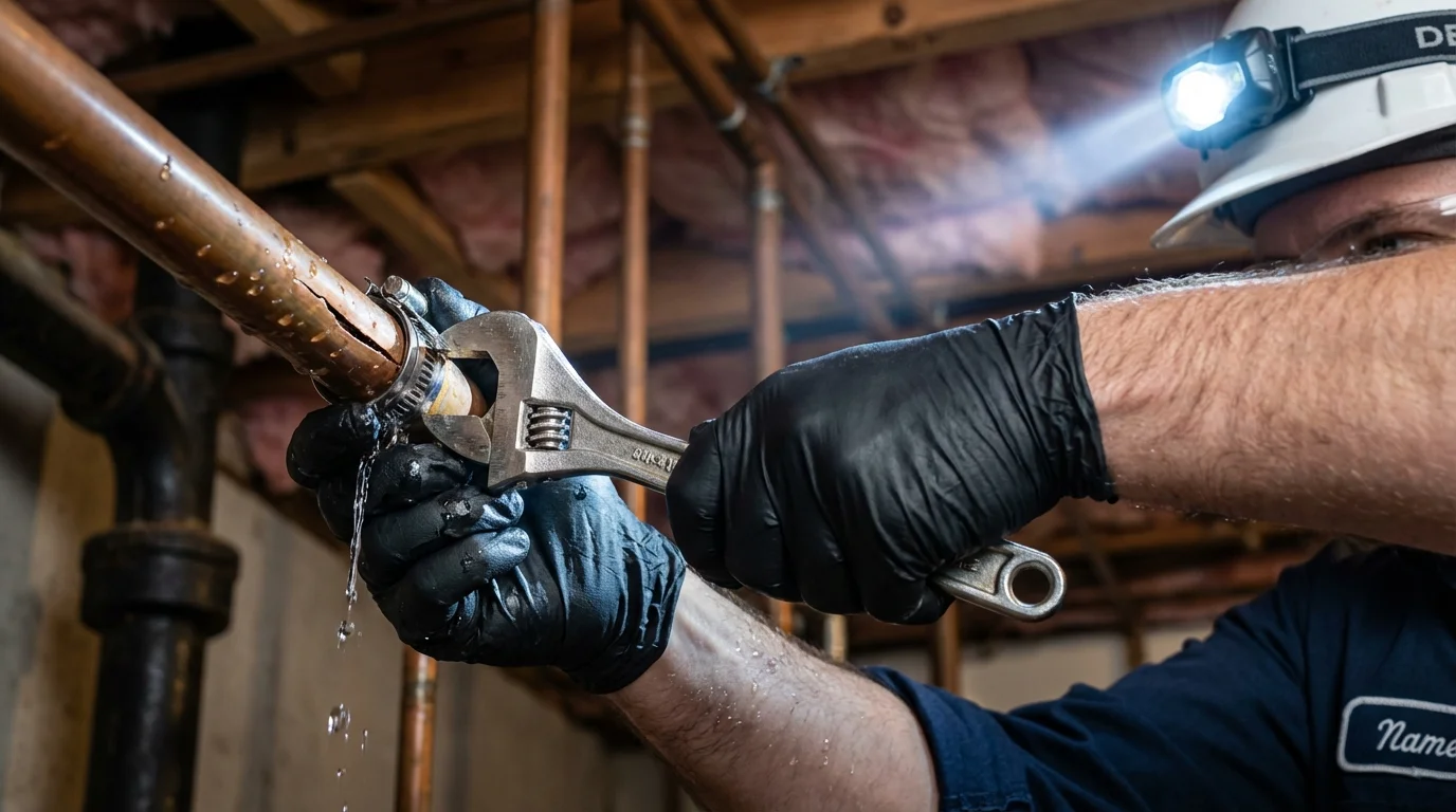 Emergency pipe clamp repair being performed by a Johns Plumbing LLC plumber in Poolesville