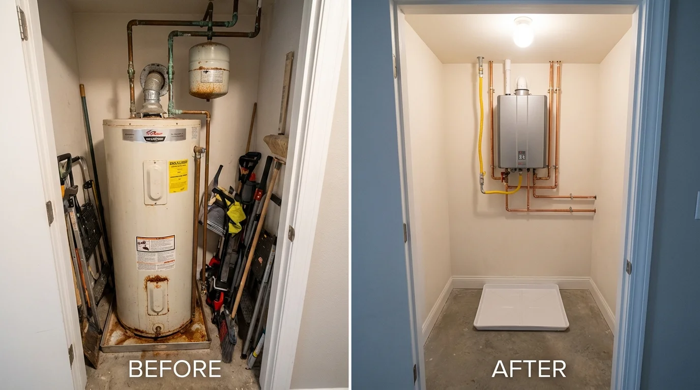 Tank water heater versus wall-mounted tankless unit comparison for Poolesville, MD homeowners