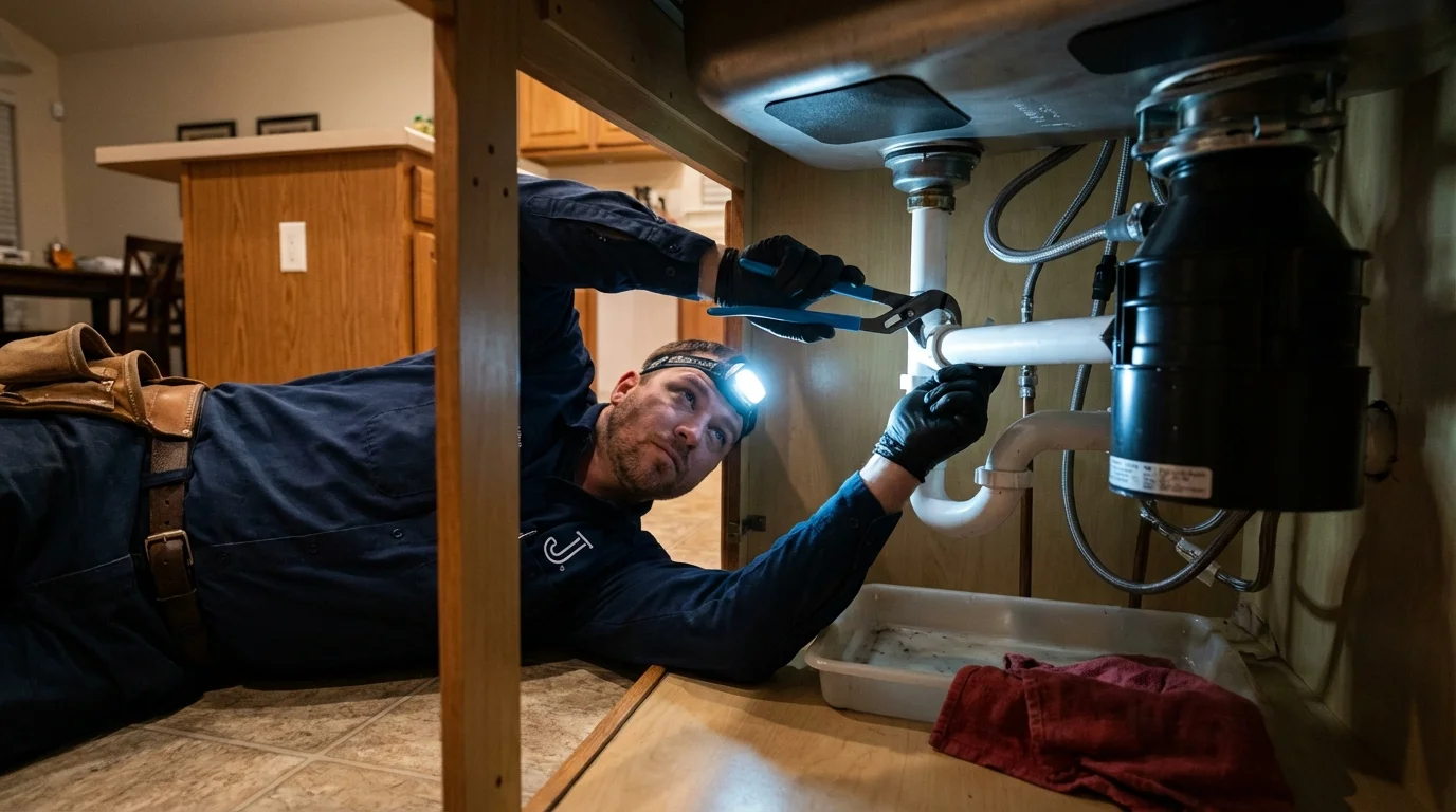 P-trap and supply line connections under a kitchen sink showing a common leak point in Poolesville, MD